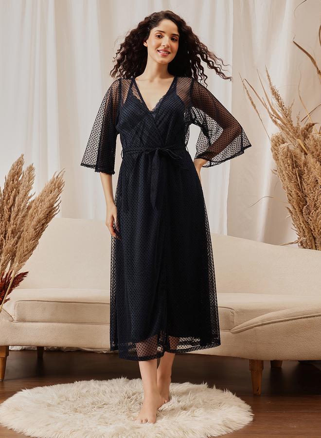 Clovia Pack of 2 - Lace Trim Satin Robe and Slip Dress - Image 2